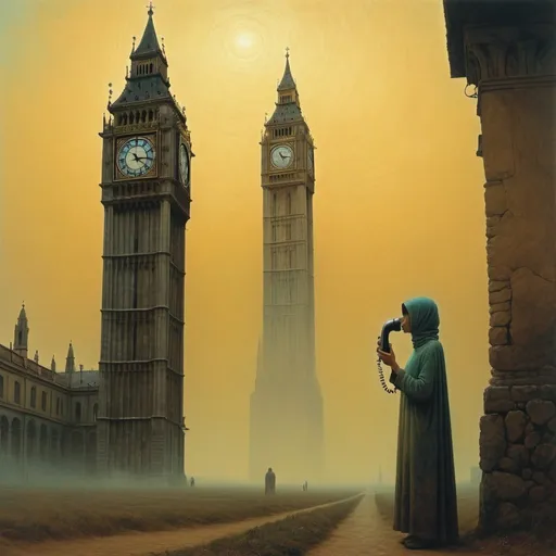 Prompt: Generate an asymmetric image of Umbria. Zdzisław Beksiński – a vacuum women feeding the human body. Apply the big ben London  A huge telephone in the sky, the creature is holding this telephone in his hand. A figure made of geometric shapes. telephone. Umbria.