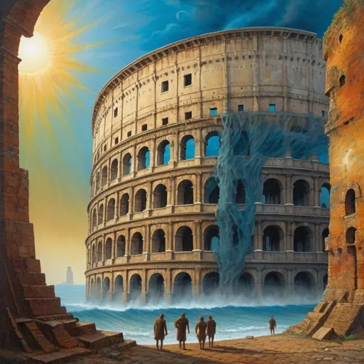 Prompt: Generate Asymmetric Image. Generate an image in the style of the painter Zdzisław Beksiński. Asymmetric image. The Colosseum can be seen in the background. Figures and buildings are on the side of the picture, out of frame. Oil painting, abstract, psychedelic. Perspective view, surrealism. You can see the stormy sea and a huge ship going to the bottom. Very mysterious characters.. Generate the Colosseum as it emerges from the depths of the ocean. Sun slightly blue sky. THE SUN is behind the clouds, you can barely see any rays of light.