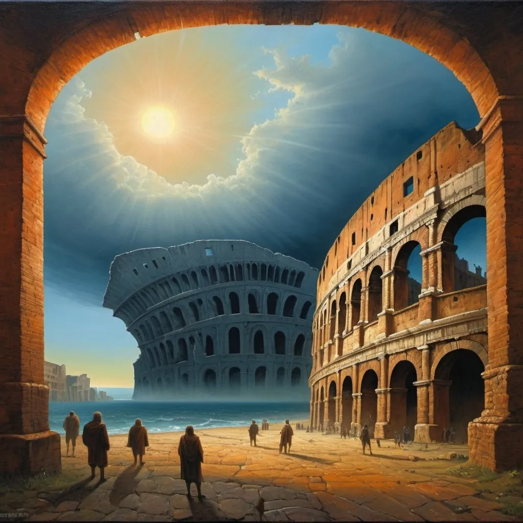 Prompt: Generate Asymmetric Image. Generate an image in the style of the painter Zdzisław Beksiński. Asymmetric image. The Colosseum can be seen in the background. Figures and buildings are on the side of the picture, out of frame. Oil painting, abstract, psychedelic. Perspective view, surrealism. You can see the stormy sea and a huge ship going to the bottom. Very mysterious characters.. Generate the Colosseum as it emerges from the depths of the ocean. Sun slightly blue sky. THE SUN is behind the clouds, you can barely see any rays of light.