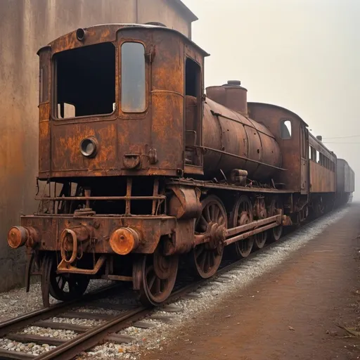 Prompt: Generate an asymmetric image of Umbria and optimism. Zdzisław Beksiński – The locomotive has a long, narrow body made of dark metal, which is covered with rust in many places. Rusty stains and traces of passing time are visible on the surface. The large steel wheels are also covered in rust. Their rims have characteristic, distinct ribs. At the front of the locomotive there are two old lamps, the glass of which is frosted and cracked. There is an old wooden steering wheel in the rusty cabin. Its surface is worn and covered with a layer of dust.
