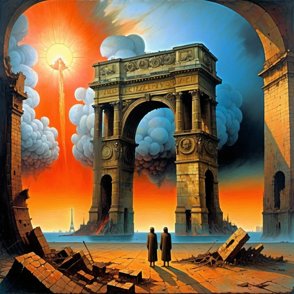 Prompt: Generate asymmetric image. Generate an image in the style of the painter Zdzisław Beksiński.   he explosion throws the ruins of the city from the bottom of the ocean. The ruins of Paris can be seen in the background. Figures and buildings are on the side of the picture, out of frame. Oil painting, abstract, psychedelic. Perspective view, surrealism. Raw scorched earth. Two mysterious figures with a terrible face stand and look at the sky. Very mysterious characters.  The Asymmetric image. The Generate Paris and the Arch of Victory, The figures are on the side of the image. The sun is behind the clouds, you can barely see any rays of light.