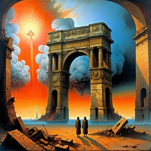 Prompt: Generate asymmetric image. Generate an image in the style of the painter Zdzisław Beksiński.   he explosion throws the ruins of the city from the bottom of the ocean. The ruins of Paris can be seen in the background. Figures and buildings are on the side of the picture, out of frame. Oil painting, abstract, psychedelic. Perspective view, surrealism. Raw scorched earth. Two mysterious figures with a terrible face stand and look at the sky. Very mysterious characters.  The Asymmetric image. The Generate Paris and the Arch of Victory, The figures are on the side of the image. The sun is behind the clouds, you can barely see any rays of light.