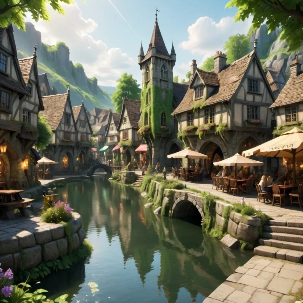 Prompt: A town called Hullwater on the side of a lake, With a stone slab town square right off the shore with sun rays beaming off water. the town square is full of people goblins, and other mythical creatures