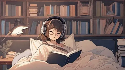 Prompt: japanese girl laying on the bed with blanket covering her body, wearing headphone, relaxed mood on her face, in a room a little messy with books beside her