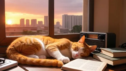 Prompt: anime style an orange cat dozing beside 90s radio player in a room full of books, under the shade of sunset trough the window
