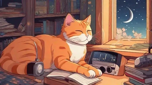 Prompt: anime style an orange cat dozing beside 90s radio player in a room full of books, starry night with half crescent moon shining trough the window, the scenery is of the village