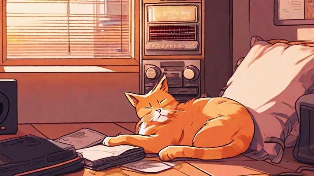 Prompt: anime style an orange cat dozing beside 90s radio player in a room full of books, under the shade of sunset trough the window, wind hit the curtain 