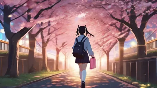 Prompt: japanese highschool student with spring uniform walking away pathway trough cherry blossom trees at the night after school, girl is holding her bag,wearing headphones. the scenery is at the afternoon, the city night scape visible from afar