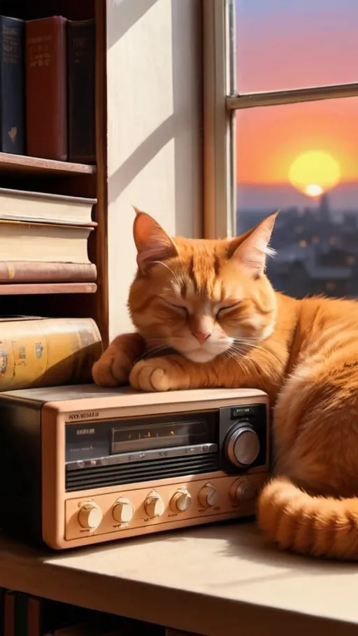 Prompt: ghibli style, an orange colored cat, napping in front of 90s radio player, beside a window with sunset background, in a room full of books