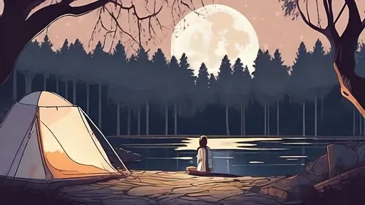 Prompt: a girl sitting by a bonfire in front of tent under the trees, the moon shining trough the trees, there is a river near her, spreing night ambiance, cinematic feel