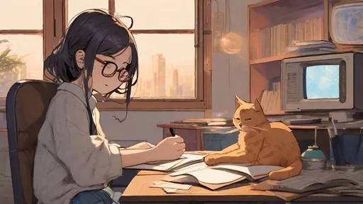 Prompt: japanese glasses girl sitting on a chair in front of study desk, holding a pen, on the desk there are lamps, 90s radio player, open books, and a brown cat dozing off. the girl has relaxed mood on her face, in a room a little messy, starry city night is visible trough the window 