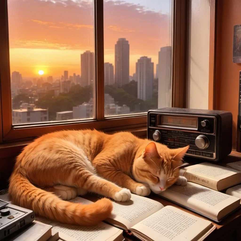 Prompt: ghibli style, an orange colored cat, napping in front of 90s radio player, beside a window with sunset background, in a room full of books