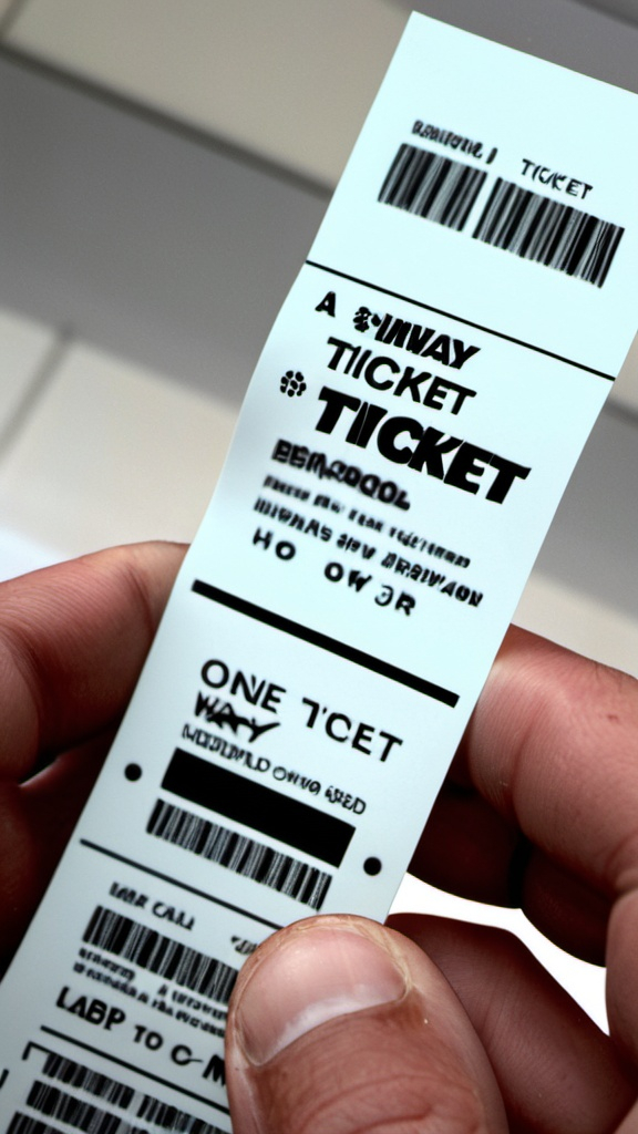 Prompt: A close-up of his hand holding the ticket, with the text ‘One-way ticket’ visible. The camera zooms out to show him approaching the boarding gate, his face calm and focused, ready for the unknown."