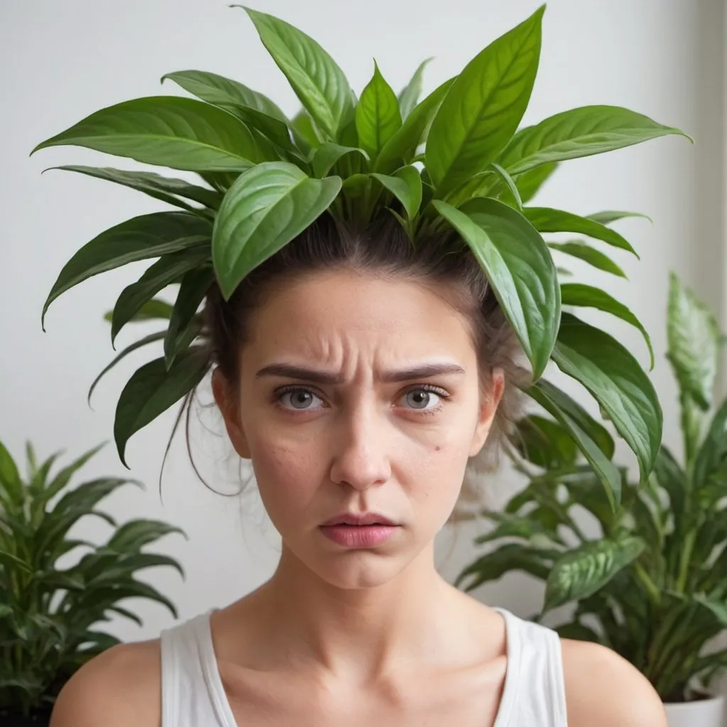 Prompt: House Plant with complicated emotions, girl face