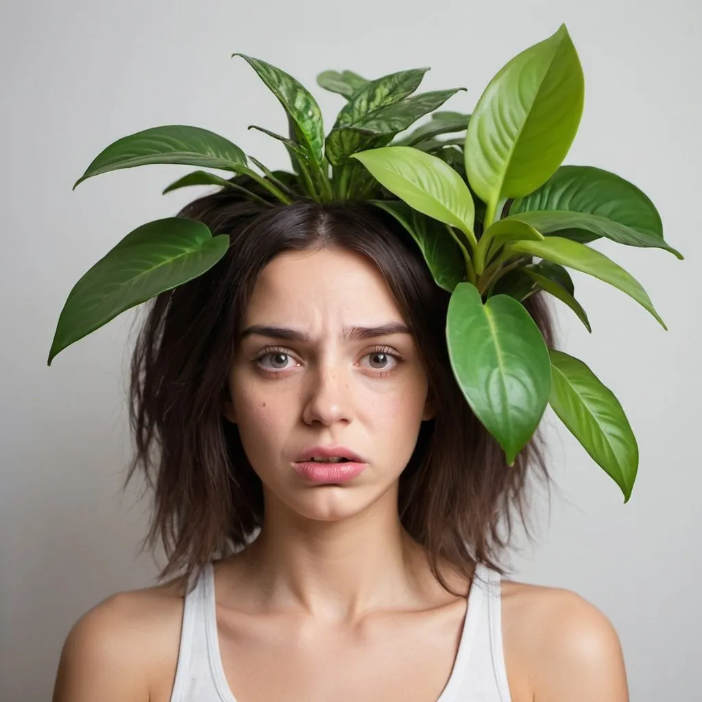 Prompt: House Plant with complicated emotions, girl face