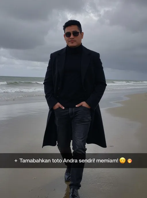 Prompt: This is a black-and-white photograph of a man walking on a beach with a dramatic, cloudy sky in the background. The man is centered in the image, walking towards the camera with his hands in his pockets. He is dressed in a dark, long overcoat that flares out slightly as he walks, a black turtleneck, and dark pants. He is also wearing dark, polished shoes and dark sunglasses, which add to his mysterious and confident appearance. The beach has wet sand, and the waves are visible in the background, creating a sense of movement and texture. The sky is overcast with thick, dark clouds, adding to the moody atmosphere of the photograph. At the bottom of the image, there is a text overlay in a dark gray box with a white and yellow border, reading: "* Tamabahkan toto Andra sendiri! 👍" followed by "Jummas: great, thanks" in smaller white text. The bottom right corner of the image has a small heart icon. The overall style of the photograph is dramatic and moody, with strong contrasts and a focus on the subject's confident, enigmatic presence.