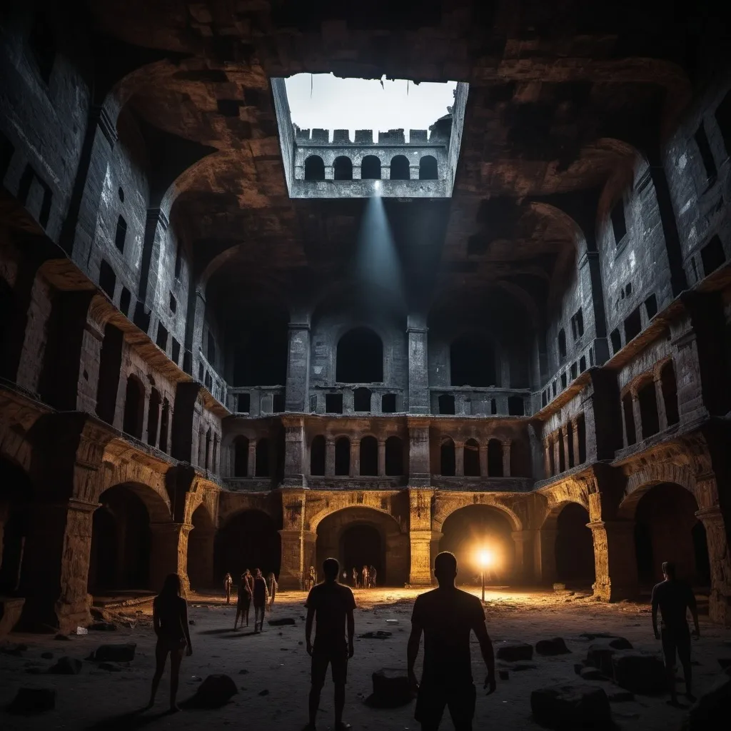 Prompt: Dark vibes  in a big fort where people enjoying and raving and image should be ultra hd
