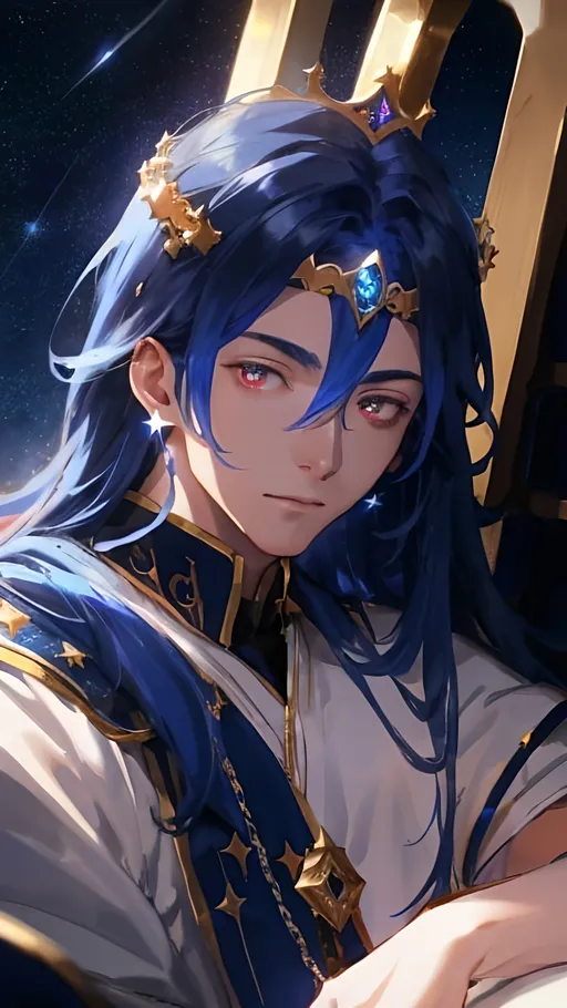 Prompt: A magical night sky full of stars with a crescent moon in blue light illuminates a field of stars, surrounding a blue marble throne. On the throne, a young king with long majestic blue hair, dark glowing red eyes, having ancient tatoos on his whole body. Close up to the king's face, The king was resting his chin on his hand. Devian art, 4k