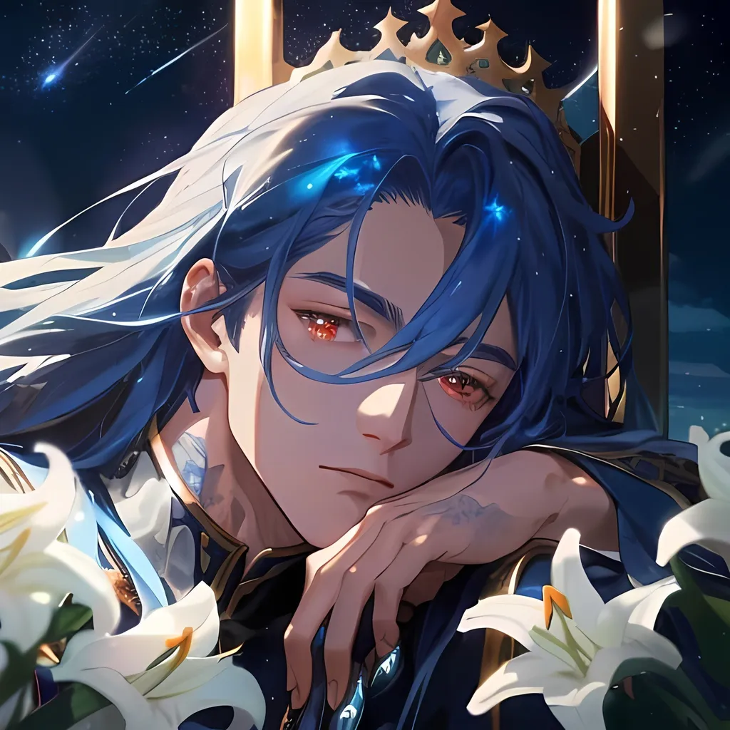 Prompt: A magical night sky full of stars with a crescent moon in blue light illuminates a field of white lilies in full bloom, surrounding a blue marble throne. On the throne, a young king with long majestic blue hair, dark glowing red eyes, having ancient tatoos on his whole body. Close up to the king's face, The king was resting his chin on his hand. Devian art, 4k