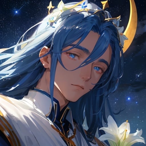 Prompt: A magical night sky full of stars with a crescent moon in blue light illuminates a field of white lilies in full bloom, surrounding a blue marble throne. On the throne, a young king with long majestic blue hair, deep red eyes, having ancient tatoos on his whole body. Close up to the king's face, The king was resting his chin on his hand