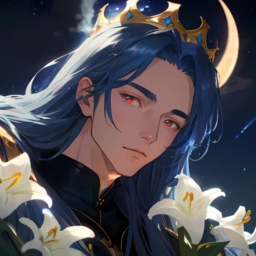 Prompt: A magical night sky full of stars with a crescent moon in blue light illuminates a field of white lilies in full bloom, surrounding a blue marble throne. On the throne, a young king with long majestic blue hair, dark glowing red eyes, having ancient tatoos on his whole body. Close up to the king's face, The king was resting his chin on his hand. Devian art, 4k