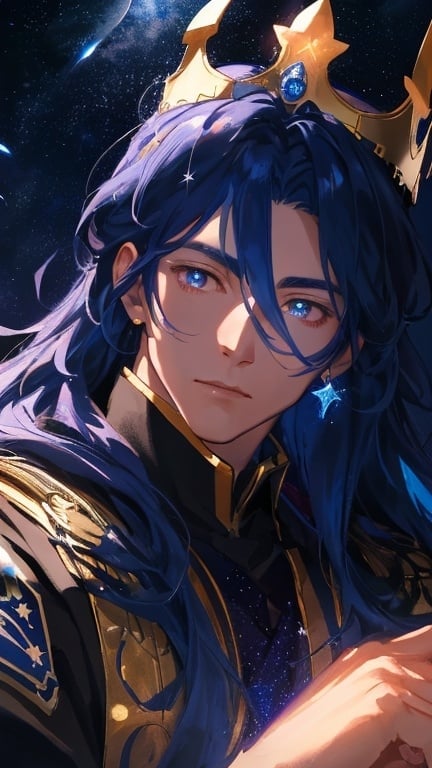Prompt: A magical night sky full of stars with a crescent moon in blue light illuminates a field of stars, surrounding a blue marble throne. On the throne, a young king with long majestic blue hair, glowing red eyes, having glwoing ancient tatoos on his whole body. Close up to the king's face, The king was resting his chin on his hand. The king is wearing a crown made by pure glowing magic. Devian art, 4k