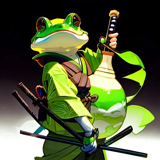 Prompt: A ronin frog holding a sake gourd, vivid colors, detailed depiction, high quality, emotional, vivid, detailed, colorful, highres, detailed portrayal, vibrant, emotionally stirring, quality rendering, vibrant tones, atmospheric lighting