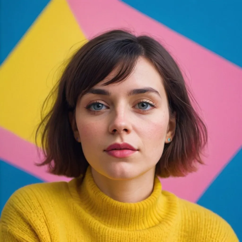 Prompt: a woman with a yellow sweater and a blue and pink bokeh background, Echo Chernik, neo-fauvism, promotional image, an album cover