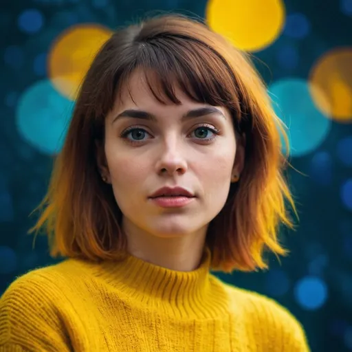 Prompt: a woman with a yellow sweater and a dark bokeh blueish background, Echo Chernik, neo-fauvism, promotional image, an album cover