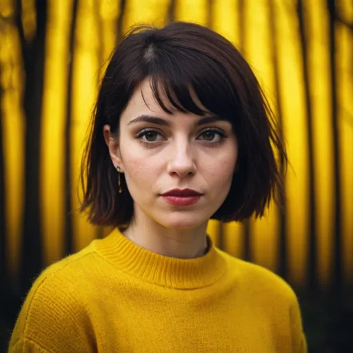 Prompt: a woman with a yellow sweater and a dark bokeh background, Echo Chernik, neo-fauvism, promotional image, an album cover
