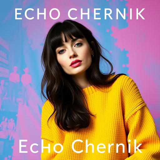 Prompt: a woman with a yellow sweater and a blue and pink background, Echo Chernik, neo-fauvism, promotional image, an album cover