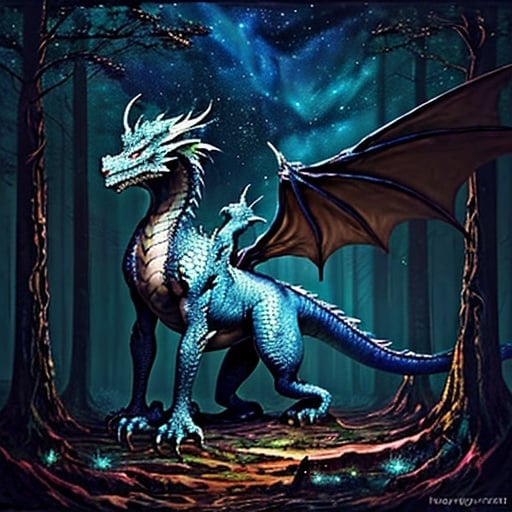 Prompt: Dragon overlooking forest, oil painting, detailed scales, starry night sky, high quality, fantasy, majestic, dark tones, atmospheric lighting, detailed forest, intense gaze, mythical creature, ancient, magical