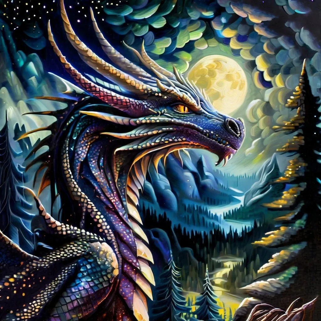 Prompt: Dragon overlooking forest, oil painting, detailed scales, starry night sky, high quality, fantasy, majestic, dark tones, atmospheric lighting, detailed forest, intense gaze, mythical creature, ancient, magical