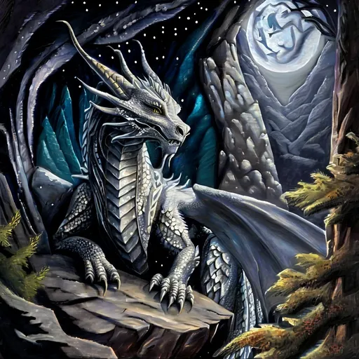 Prompt: Silver Dragon overlooking cave, oil painting, detailed scales, starry night sky, high quality, fantasy, majestic, dark tones, atmospheric lighting, detailed forest, intense gaze, mythical creature, ancient, wallpaper