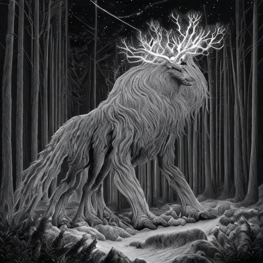 Prompt: Dark forest, oil painting, detailed rocks, starry night sky, high quality, fantasy, majestic, dark tones, atmospheric lighting, detailed forest, intense gaze, mythical creature, ancient wendigo