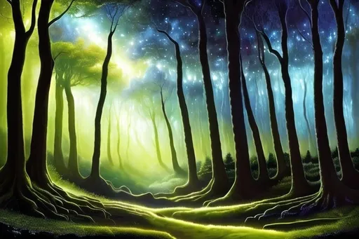 Prompt: ancient dryad, oil painting, detailed trees, starry night sky, high quality, fantasy, majestic, dark tones, atmospheric lighting, detailed forest, intense gaze, mythical creature, Dark Forest, Fae