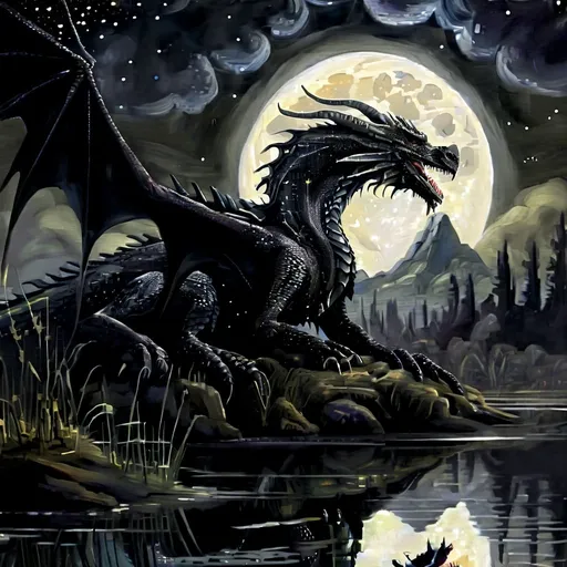 Prompt: Black Dragon overlooking swamp, oil painting, detailed scales, starry night sky, high quality, fantasy, majestic, dark tones, atmospheric lighting, detailed swamp, intense gaze, mythical creature, ancient, wallpaper