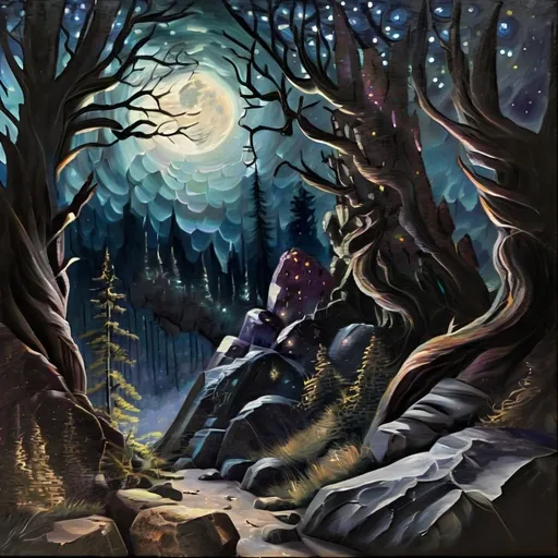 Prompt: Dark forest, oil painting, detailed rocks, starry night sky, high quality, fantasy, majestic, dark tones, atmospheric lighting, detailed forest, intense gaze, mythical creature, ancient