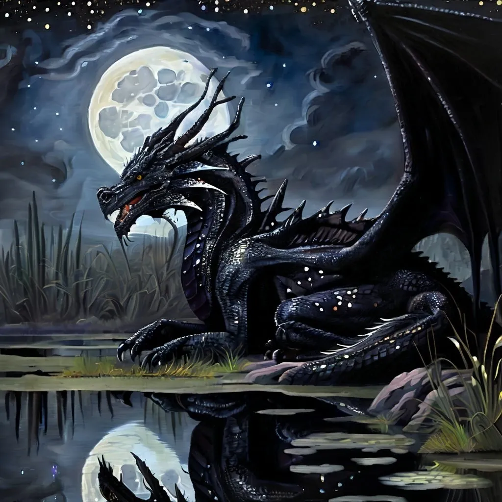 Prompt: Black Dragon overlooking swamp, oil painting, detailed scales, starry night sky, high quality, fantasy, majestic, dark tones, atmospheric lighting, detailed swamp, intense gaze, mythical creature, ancient