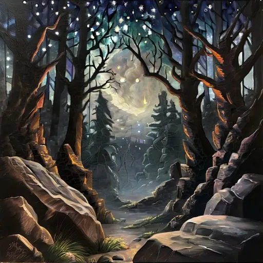 Prompt: Dark forest, oil painting, detailed rocks, starry night sky, high quality, fantasy, majestic, dark tones, atmospheric lighting, detailed forest, intense gaze, mythical creature, ancient