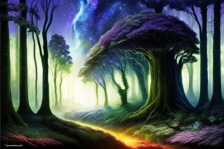 Prompt: Fae, oil painting, detailed trees, starry night sky, high quality, fantasy, majestic, dark tones, atmospheric lighting, detailed forest, intense gaze, mythical creature, Dark Forest, Ivy