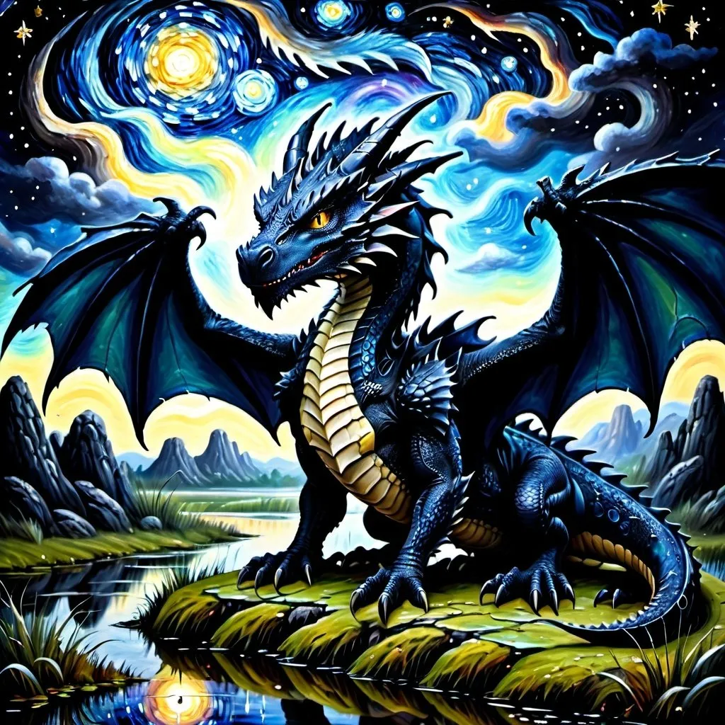 Prompt: Black Dragon overlooking swamp, oil painting, detailed scales, starry night sky, high quality, fantasy, majestic, dark tones, atmospheric lighting, detailed swamp, intense gaze, mythical creature, ancient, magical