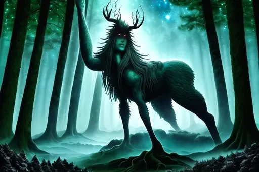 Prompt: ancient wendigo, oil painting, detailed trees, starry night sky, high quality, fantasy, majestic, dark tones, atmospheric lighting, detailed forest, intense gaze, mythical creature, Dark Forest, fae