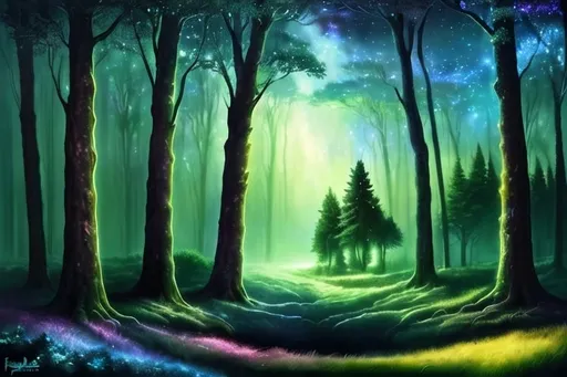 Prompt: Fae, oil painting, detailed trees, starry night sky, high quality, fantasy, majestic, dark tones, atmospheric lighting, detailed forest, intense gaze, mythical creature, Dark Forest, horse