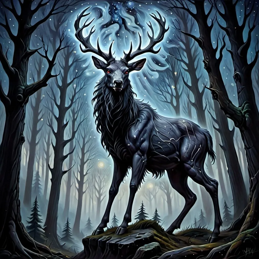 Prompt: Dark forest, oil painting, detailed trees, starry night sky, high quality, fantasy, majestic, dark tones, atmospheric lighting, detailed forest, intense gaze, mythical creature, ancient wendigo