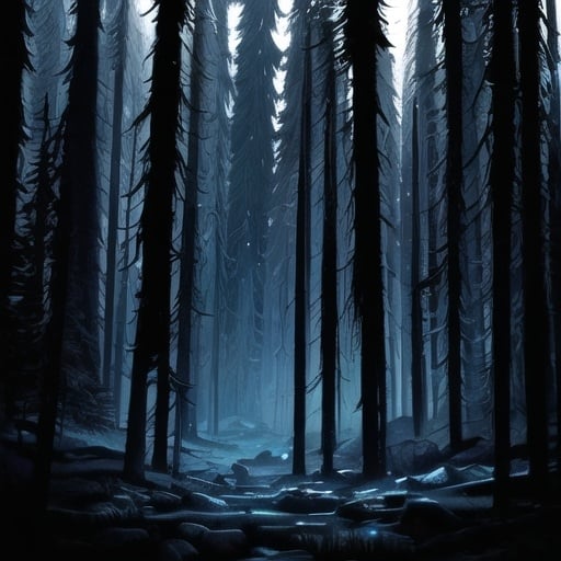 Prompt: Dark forest, oil painting, detailed rocks, starry night sky, high quality, fantasy, majestic, dark tones, atmospheric lighting, detailed forest, intense gaze, mythical creature, ancient