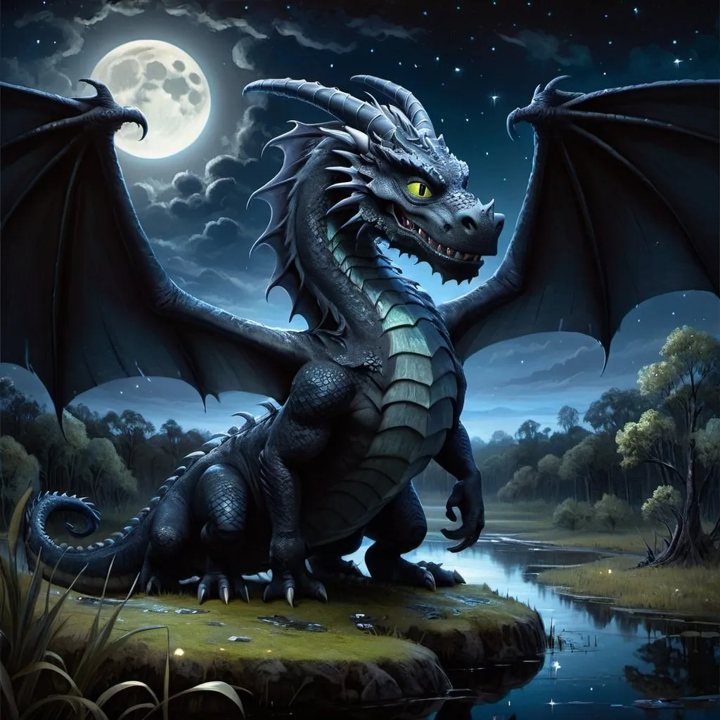 Prompt: Black Dragon overlooking swamp, oil painting, detailed scales, starry night sky, high quality, fantasy, majestic, dark tones, atmospheric lighting, detailed swamp, intense gaze, mythical creature, ancient, magical