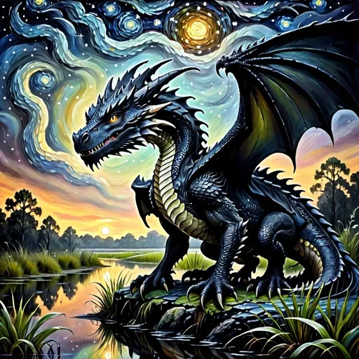 Prompt: Black Dragon overlooking swamp, oil painting, detailed scales, starry night sky, high quality, fantasy, majestic, dark tones, atmospheric lighting, detailed swamp, intense gaze, mythical creature, ancient