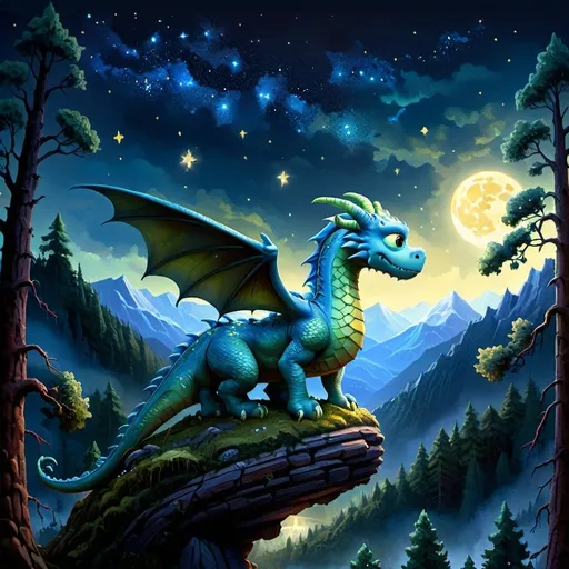 Prompt: Dragon overlooking forest, oil painting, detailed scales, starry night sky, high quality, fantasy, majestic, dark tones, atmospheric lighting, detailed forest, intense gaze, mythical creature, ancient, magical