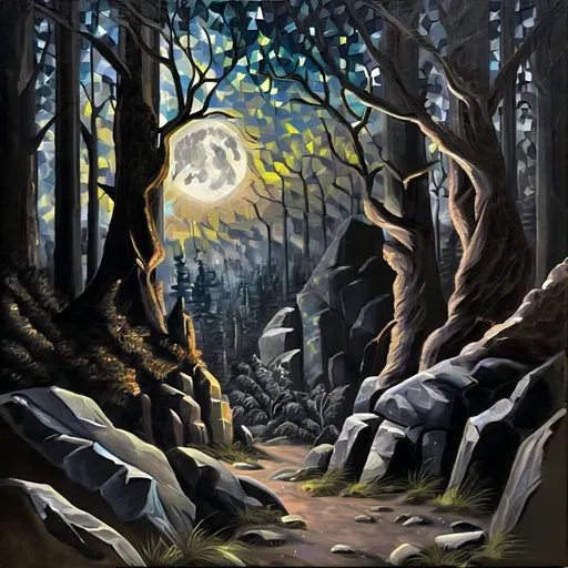 Prompt: Dark forest, oil painting, detailed rocks, starry night sky, high quality, fantasy, majestic, dark tones, atmospheric lighting, detailed forest, intense gaze, mythical creature, ancient